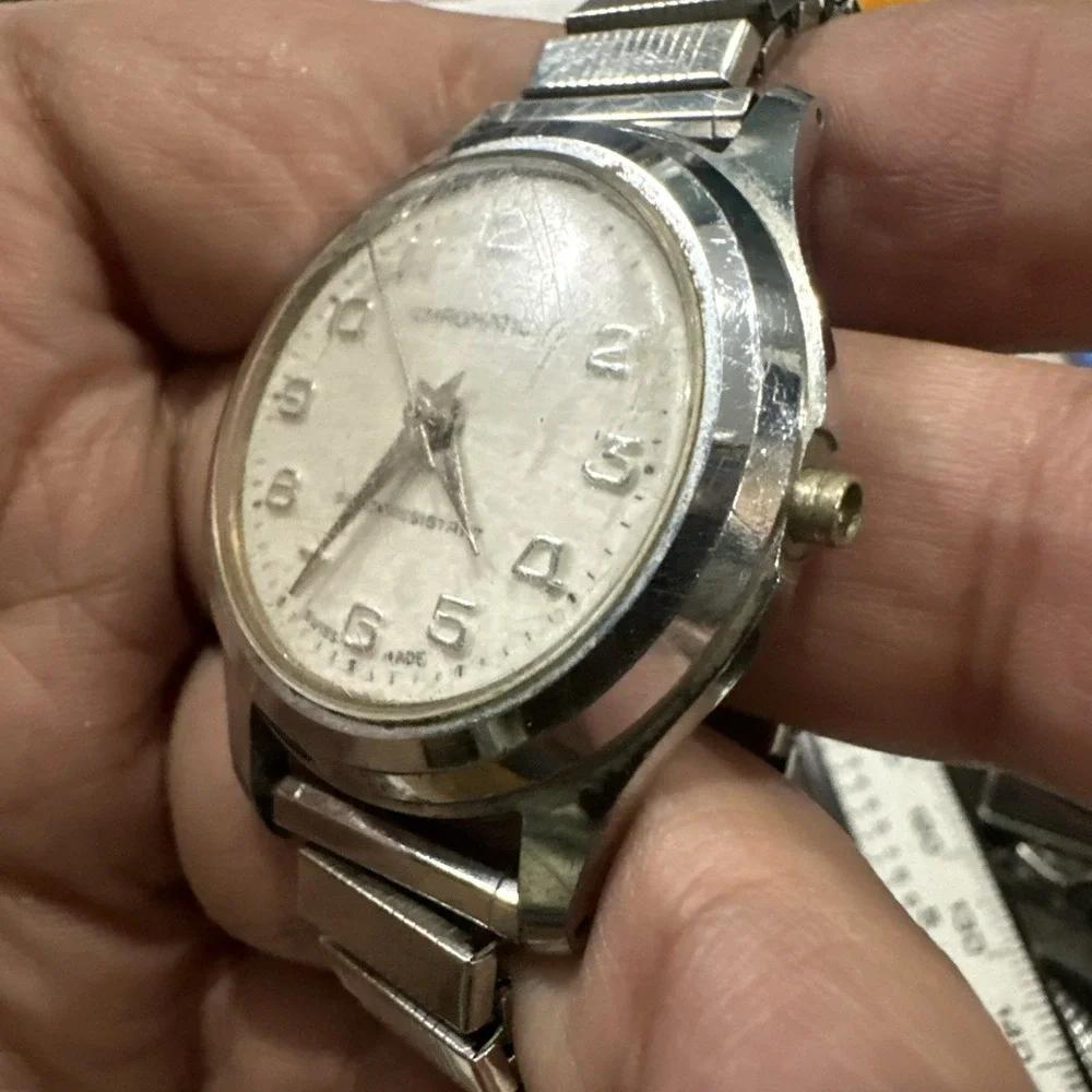 Vintage CHOROMATIC SWISS WATCH 1960s Silver Tone Mens Watch 33mm- Broken Crown